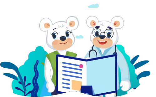 Ilustración de un doctor oso con su paciente